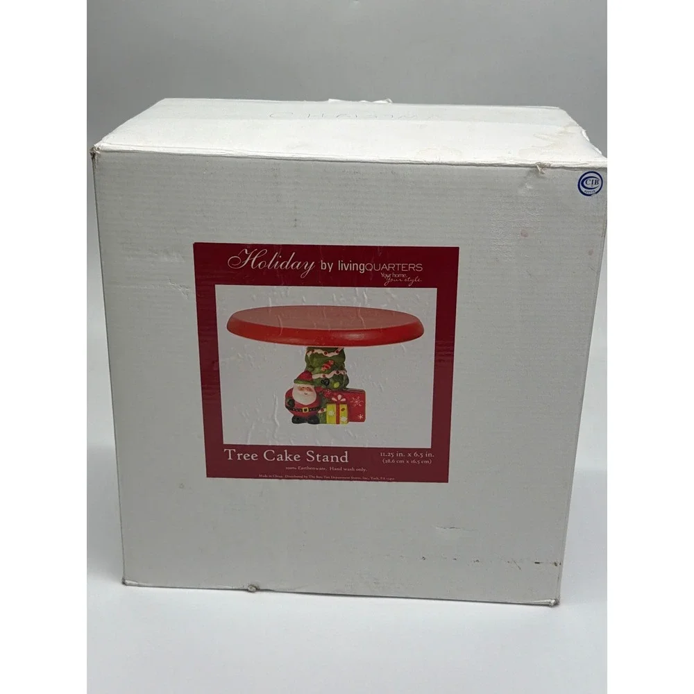 LivingQuarters Holiday Christmas‎ Tree Santa Cake Stand Red Earthenware 11.25in